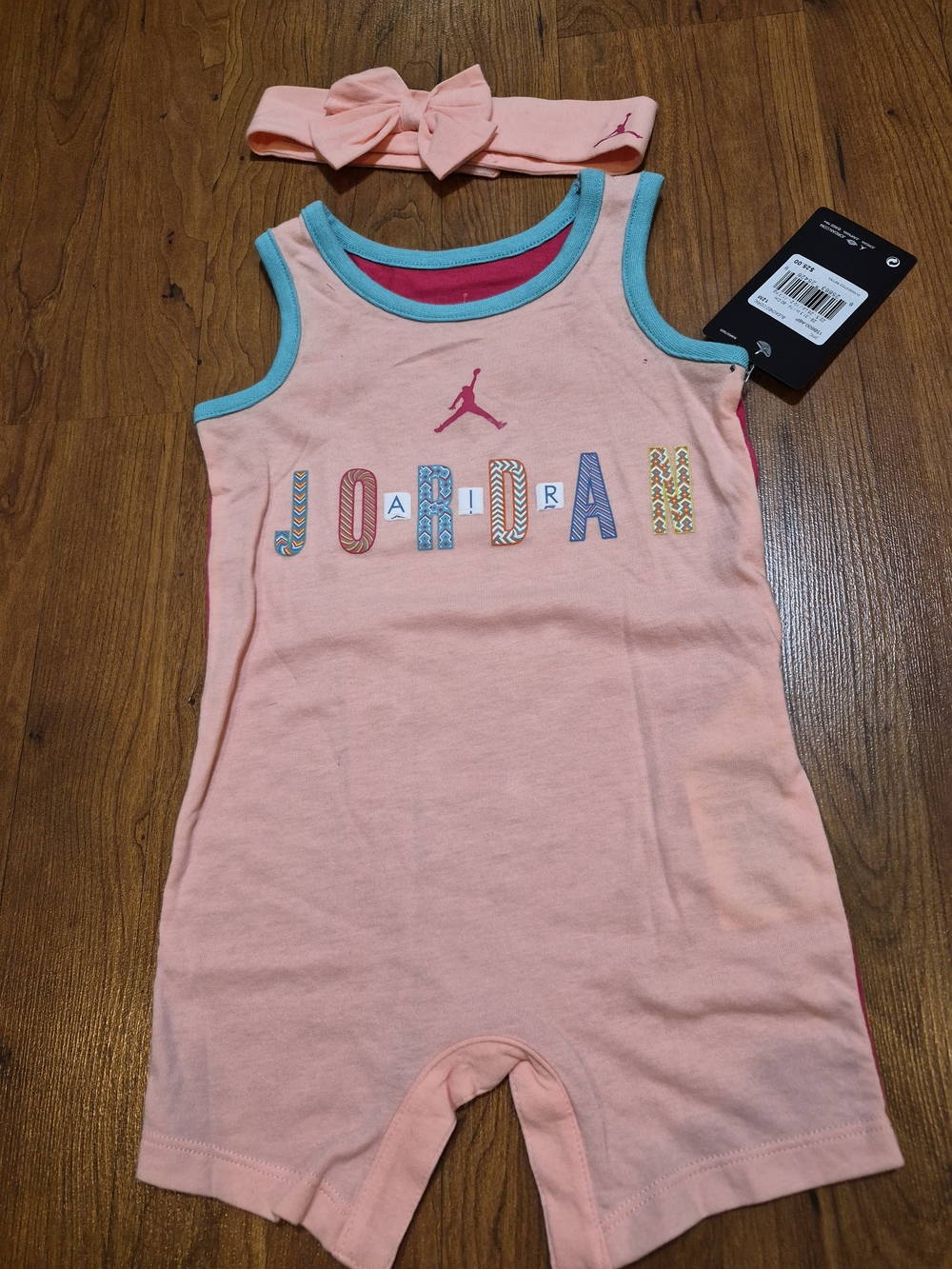 Super Cute Jordan Baby Romper in Pink and Teal With Matching Bow Headband Sz 12m